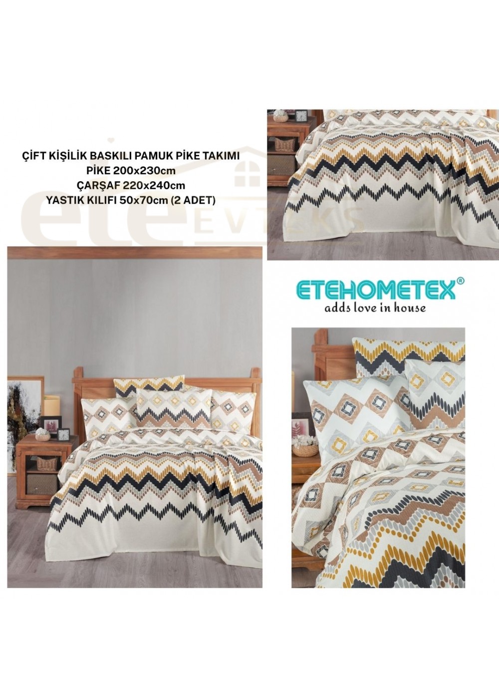 ETEHOMETEX ÇİFT KİŞİLİK BASKILI PAMUK PİKE TAKIMI COZA 8696474231922